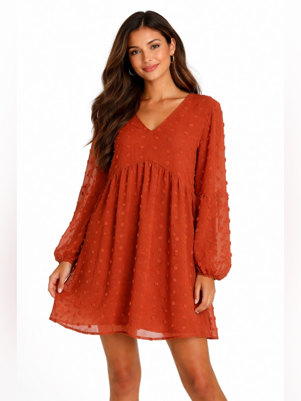 Amazon Rust Orange Long Sleeve Textured Babydoll Dress